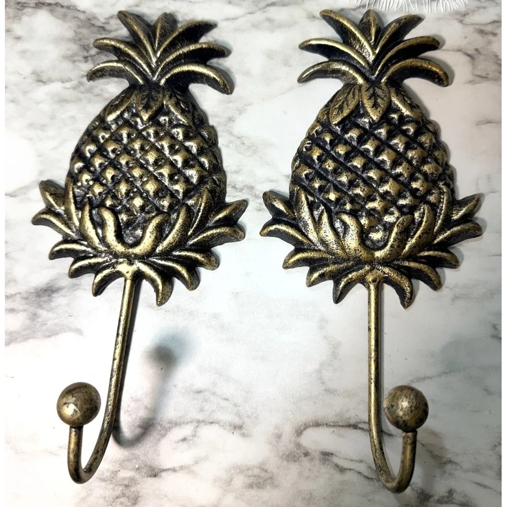 2~Cast Iron Pineapple Wall Hanging Hook, Coat, Hat, Towel Hanger Gold 8